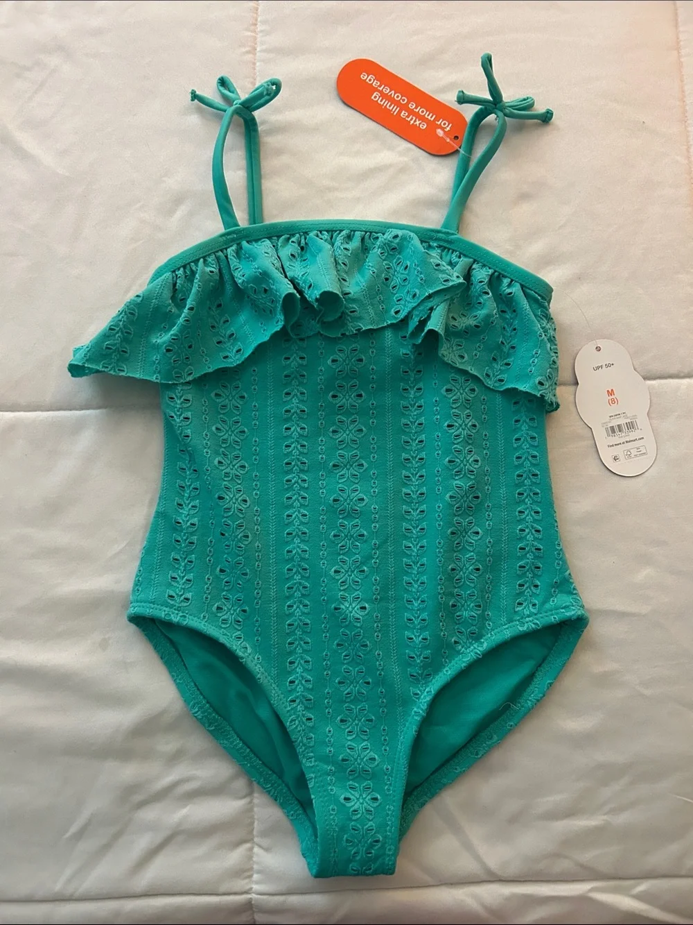 Girls' Teal Eyelet Ruffle One-Piece Swimsuit